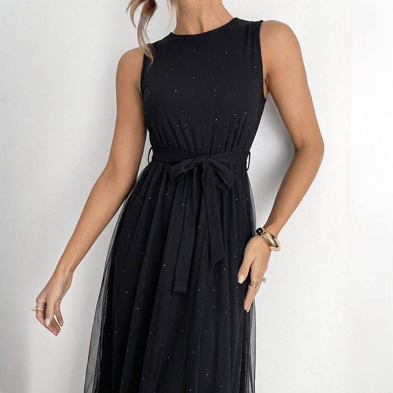Elegant Black Mesh Sleeveless Dress Waist Defining Lightweight Chic Design Perfect for Evening Events OEM Available
