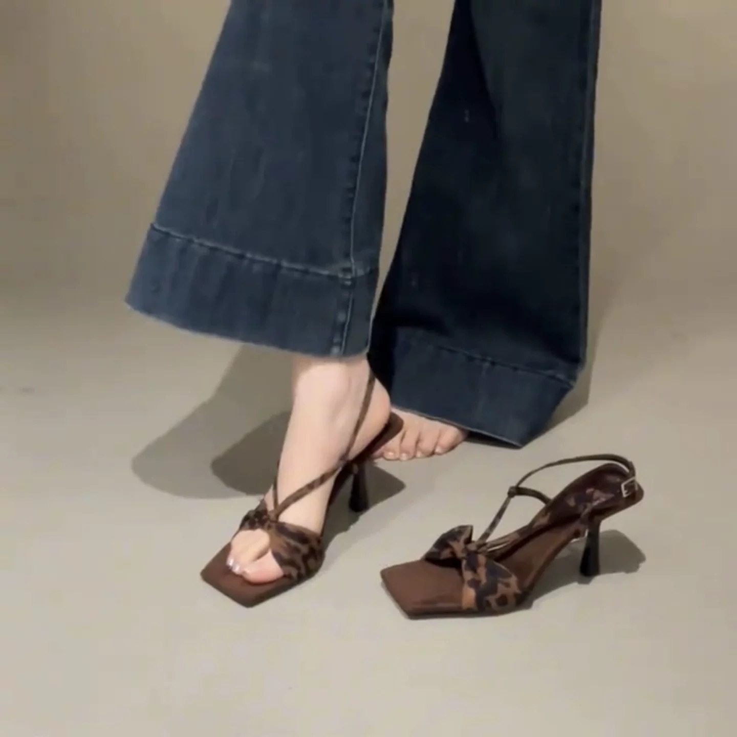 retro leopard print one-line belt wear square toe bow stiletto high-heeled sandals for women