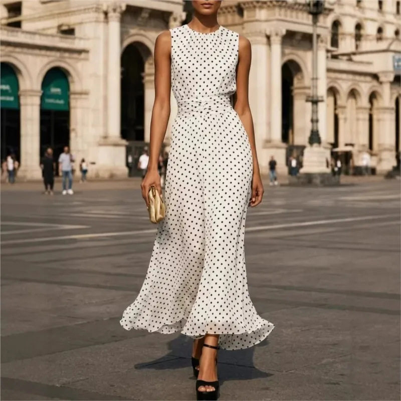 Womens Summer Dress Elegant Waist Tie Design Polka Dot Pattern Comfortable Fabric Perfect for Casual Outings