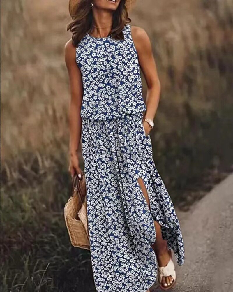 Floral Print Sleeveless Maxi Dress Round Neck Split Hem Lightweight Fabric Summer Casual Wear Wholesale Available