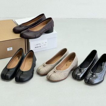 Pure Original Classic Tabi New Pleated Split-Toe Shoes for Women, Genuine Leather Shallow Mid-Heel Pig's Trotters Ballet Soft Leather Flats