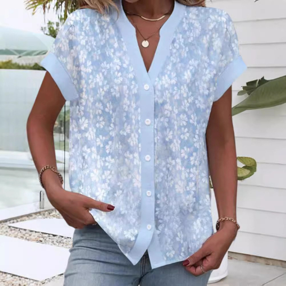 Summer Floral Print V Neck Short Sleeve Button Top for Women Trendy Design Comfortable Fabric Versatile Style