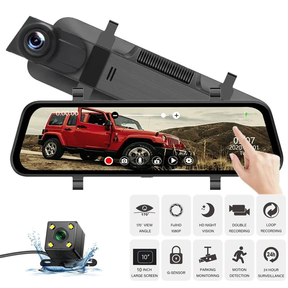 10inch Full Screen Hd 4K Rearview Mirror Streaming Driving Recorder Dual Lens with Reversing Image with Wifi