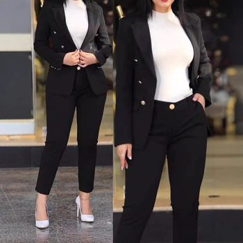 2025 Cross-Border Women's Solid Color Slim Casual Fashion Waist-Cinching Double-Breasted Two-Piece Suit Black European and American Style