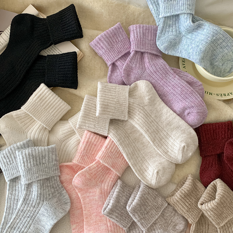 羊毛袜子女秋冬月子袜加厚保暖居家地板冬天日系简约羊绒堆堆长袜