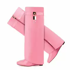 2025 New European and American Autumn and Winter New Style Buckle Wedge Women's Boots High Heel Oval Toe Side Zipper Women's Boots