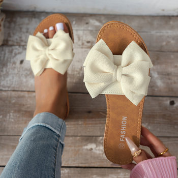Women's Vacation Style One-Strap Sandals, Bow Decorated Slip-On Beach Shoes