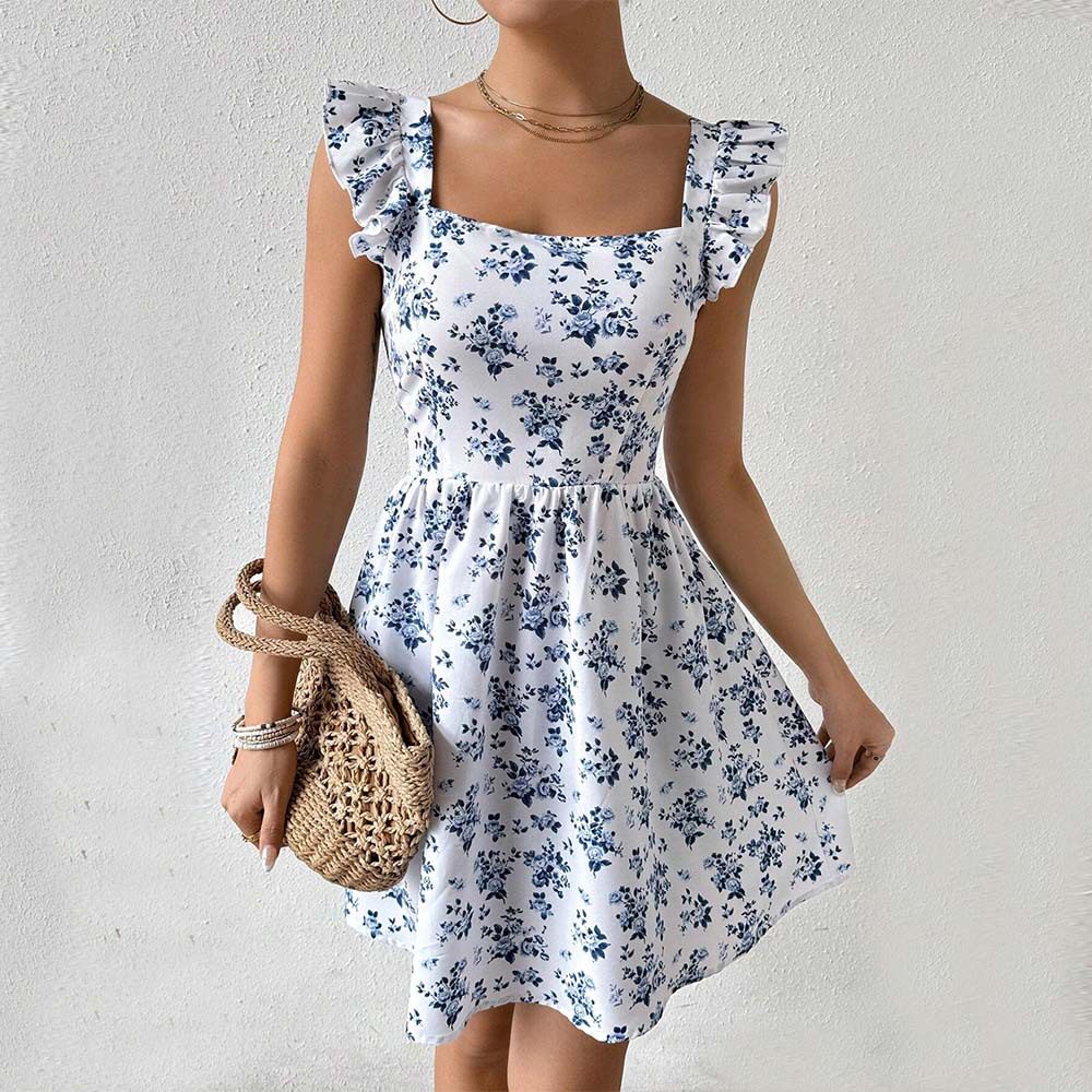 Floral Print Backless Dress Sweet Slim Fit Ruffled Sleeves Spring Summer Style Wholesale Available