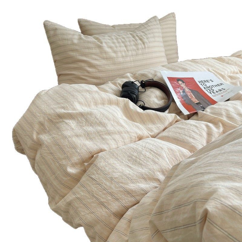 Class a Pure Cotton Yarn-Dyed Washed Cotton Four-Piece Set Japanese-Style Unprinted Style Pure Cotton Bed Sheetss and Fitted Bed Sheetss for Naked Sleeping Bedding Sets