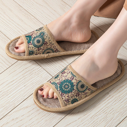 Open Toe Opening Four Seasons Linen Wheel Retro Flower Flower Four Seasons Linen Slippers