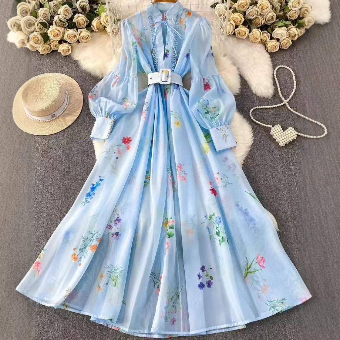 Chiffon Floral Dress Lightweight Sweet Lace Lantern Sleeves Waist Tie Flared Skirt Autumn Fashion Wholesale