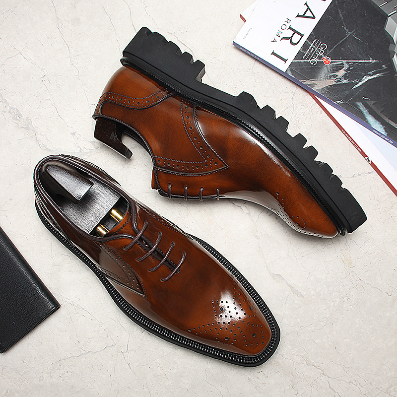 Giày da nam buộc dây đế dày họa tiết brogue mũi vuông — đen, màu