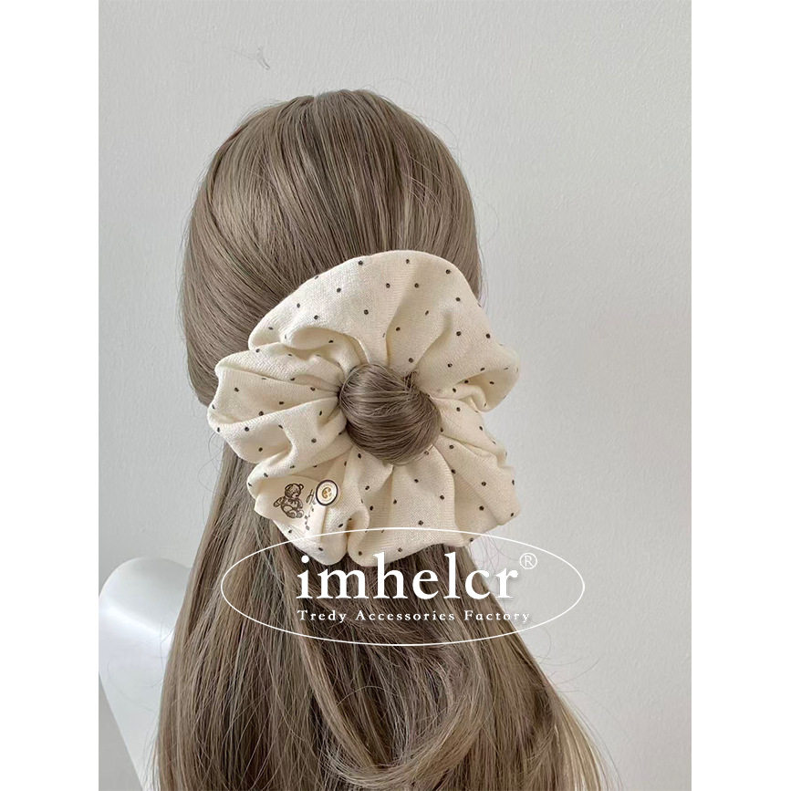 Korean-Style Soft Polka Dot Knit Fabric Label Bear Scrunchie Ins Autumn and Winter New Bun Low Ponytail Hair Tie