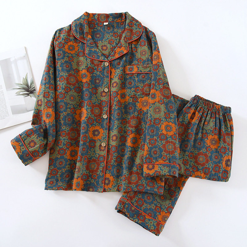 翻领双层纱布睡衣女春夏秋薄款长袖长裤套装开衫家居服二件套外穿