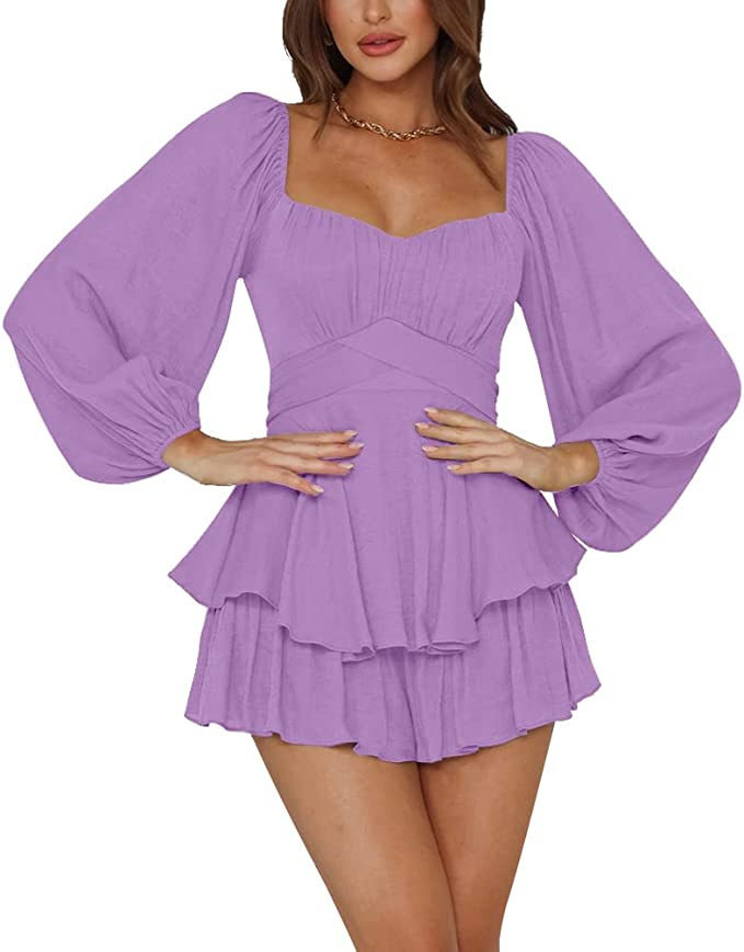Womens Ruffled Jumpsuit Lantern Long Sleeves Square Neck Waist Cinching Chic Style Summer Casual Wear Wholesale