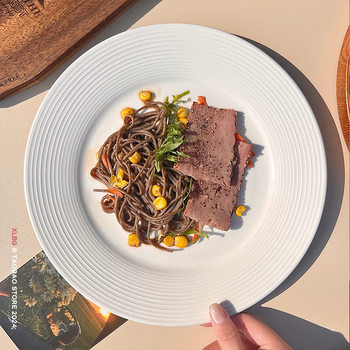 Ins Style Line Pattern Steak Plate Straw Hat Plate Tableware Ceramic Western Breakfast Cake Flat Plate Pinta Plate European Style Plate