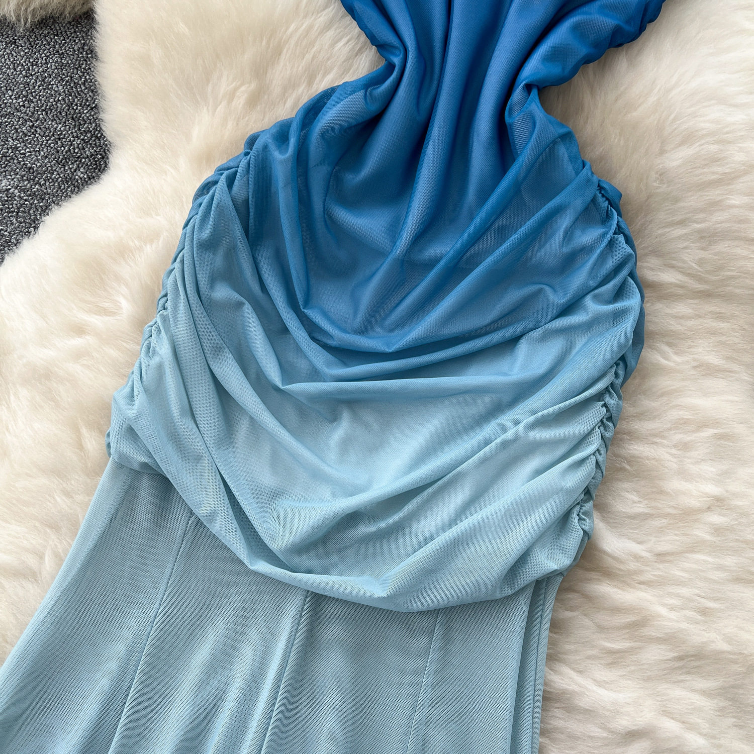 Strapless Mermaid Dress for Women Summer Elegant Gradient Color Ruffled Waist Mesh Fabric