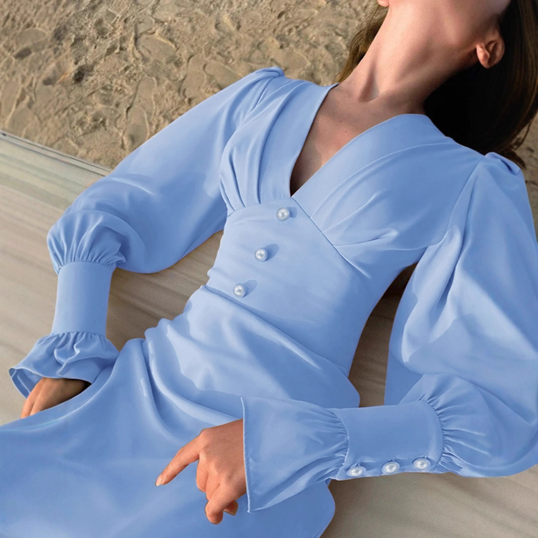 Elegant A Line Dress Deep V Neck Button Detail Waist Cinching Lantern Sleeves Perfect for Office Wear Wholesale