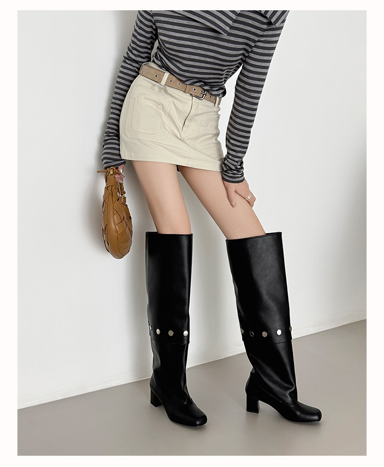 Boot nữ cổ cao gót vuông đính đinh tán, ống tháo rời hai kiểu mặc — Lớp lót đơn màu đen, Lớp lót đơn màu xám, Lớp lót nhung màu xám, nhung đen