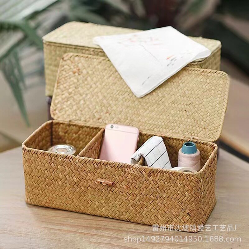 Seagrass European-Style Desktop Storage Box with Lid, Living Room and Bedroom Storage Basket, Snack Storage Box, Compartmentalized Storage Basket