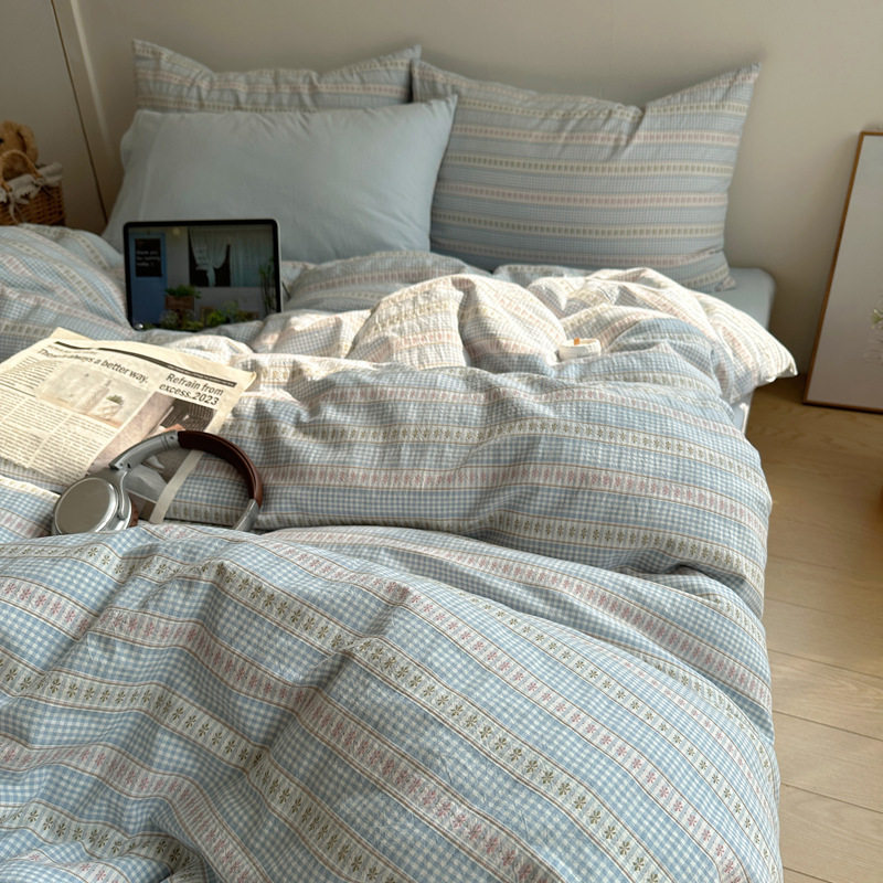 Langsi Textile Stripesd Plaid Cotton Washed Cotton Four-Piece Quilt Cover Bed Simple Cotton Yarn-Dyed Jacquard Bedding