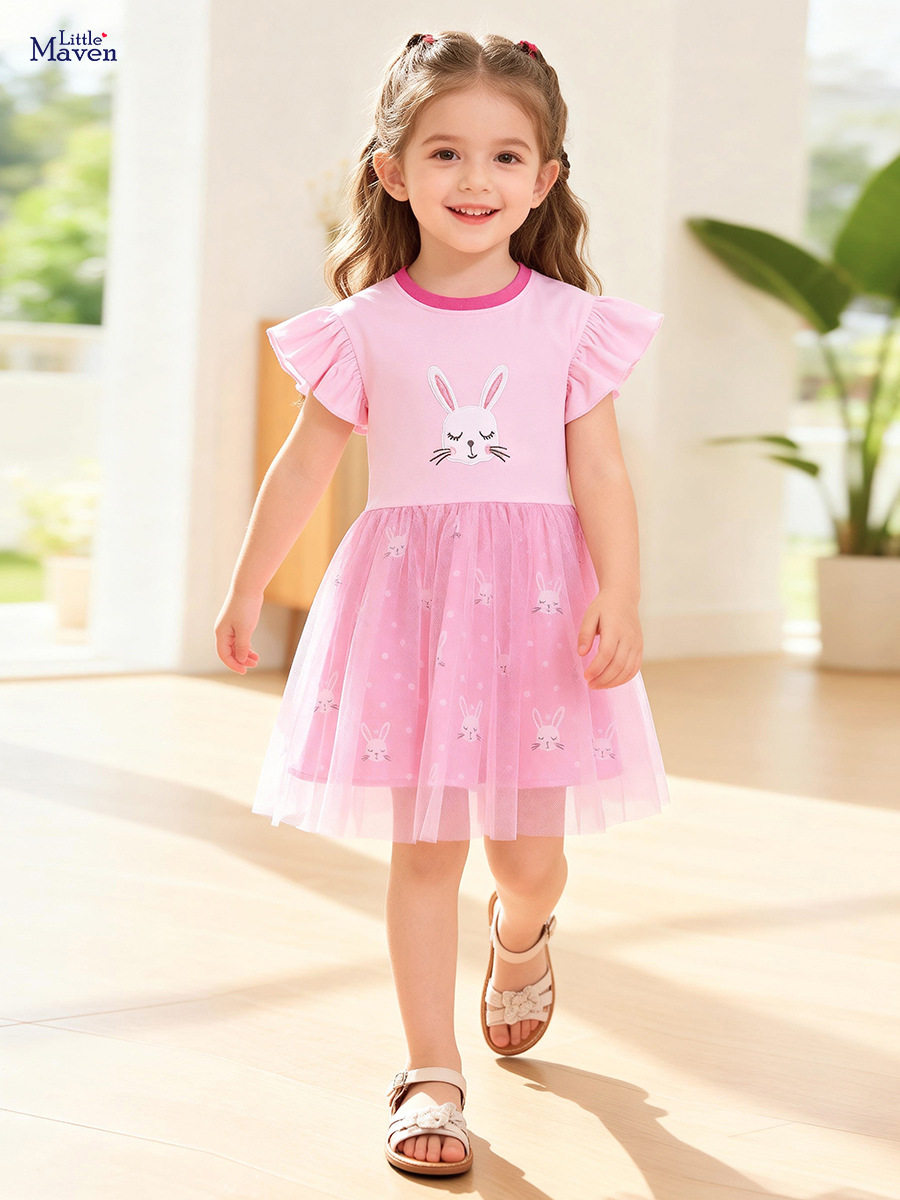 Summer Short-sleeve Girls' Dress, [Style] Tulle Skirt, Cartoon Rabbit Kids' Dress