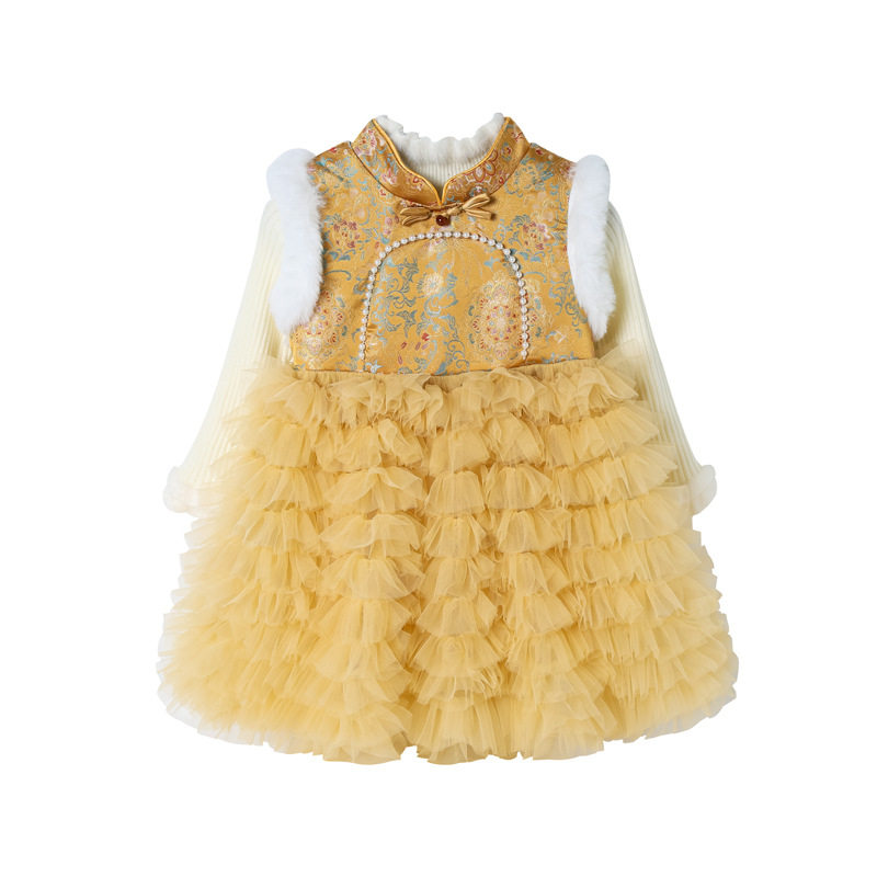 [in Stock] Girls' Chinese Style New Year Dress Winter Tang Suit Birthday Dress with Fleece Lining Puffy Skirt Princess Dress