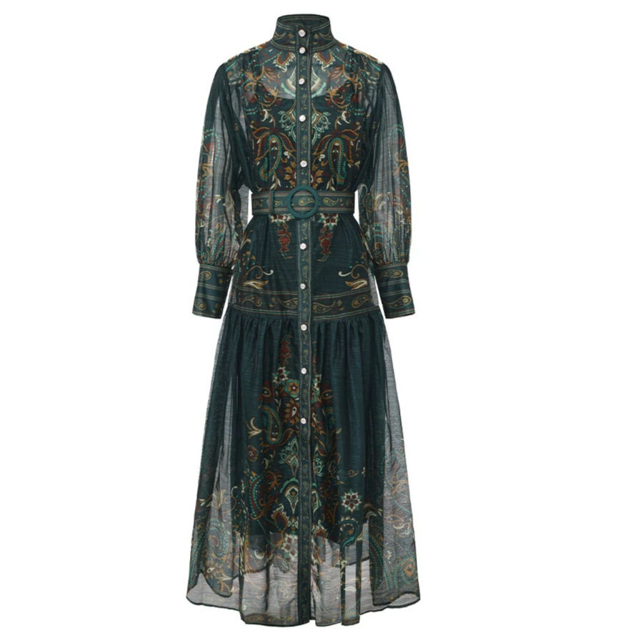 Vintage European Style Floral Print Lantern Sleeve Maxi Dress Sheer Mesh Panels Waist Defining Flattering Fit Formal