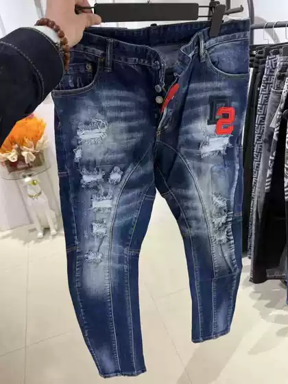 25 European and American Men's New Patch Skinny Jeans Distressed Trendy Slim Fit Stylish Stretch Pants