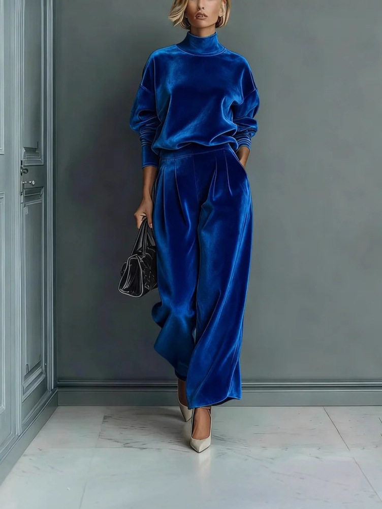 European and American Cross-Border Foreign Trade Women's Clothing Autumn and Winter Fashion Casual Sports Suit Velvet Long-Sleeve Solid Color High-Neck Wide-Leg Pants