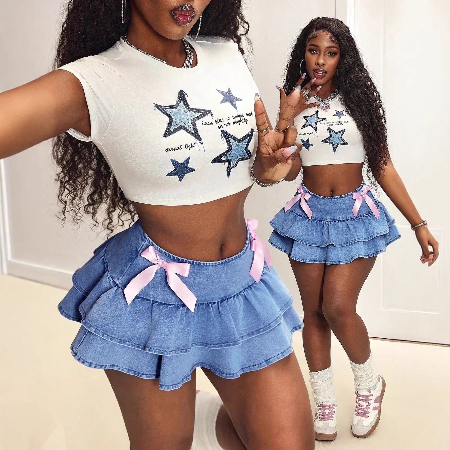 Denim Midi Skirt Elastic Versatile Sweet Edgy Style Spring Summer Fashion for Women Wholesale Available