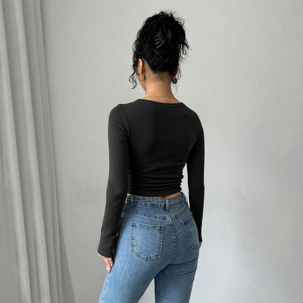 Long Sleeve Cropped T Shirt Sexy Slim Fit Square Neck Stretch Fabric Autumn Fashion for Women Wholesale Available