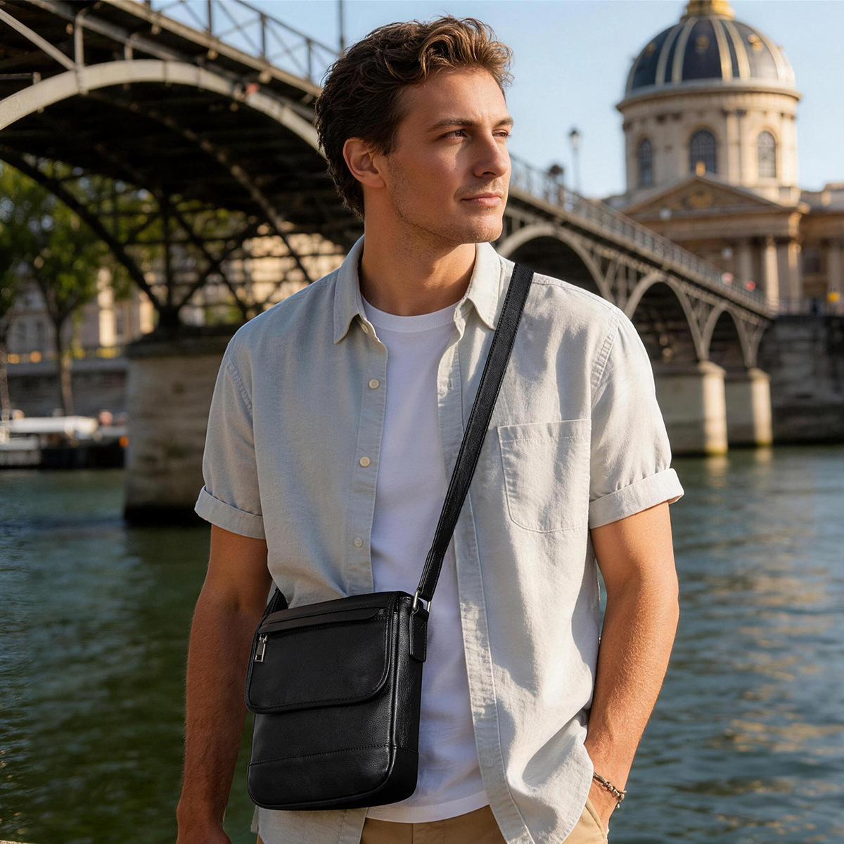 Túi đeo chéo nam da bò thật nắp gập kiểu messenger đựng vừa máy tính bảng 8 inch — màu đen