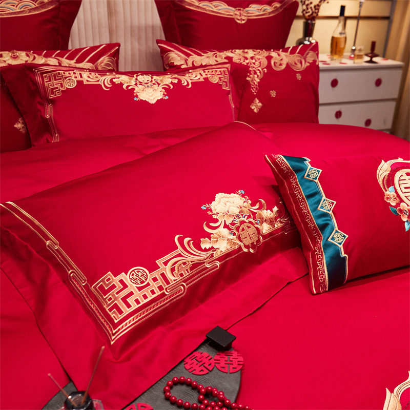 Wedding Baizi picture wedding four-piece set pure cotton big red happy quilt bedding wedding accompany dowry dragon and phoenix six-piece set