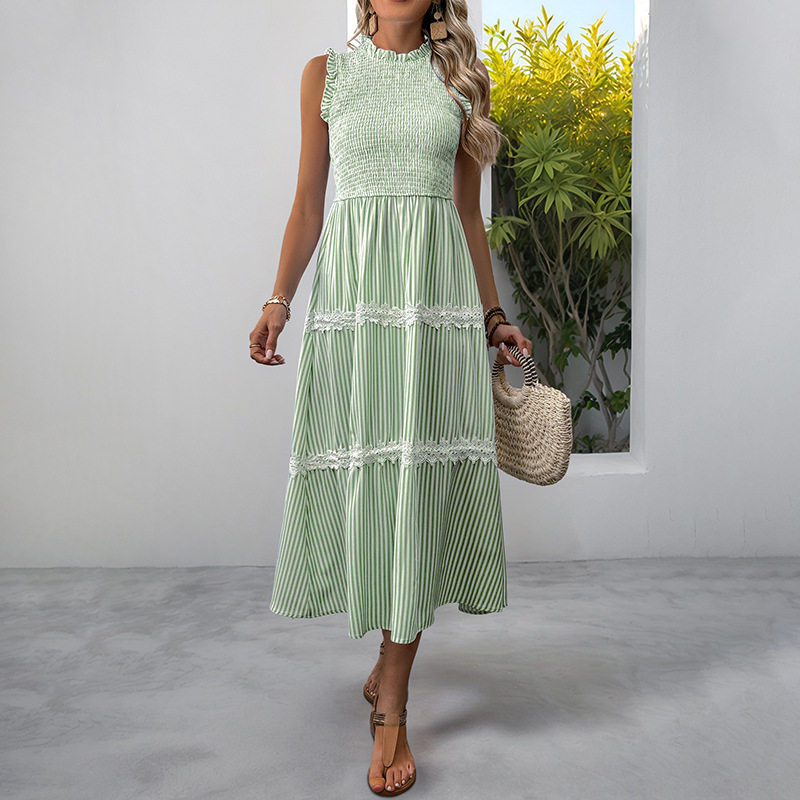 Summer Sleeveless Dress Sweet Lace Trim Striped Pattern Casual Style Perfect for Warm Weather Occasions Wholesale