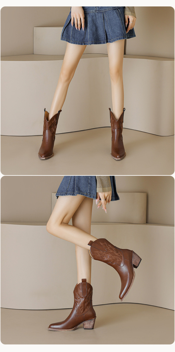 Boot nữ da bò cổ thấp mũi nhọn gót thô phối thêu — Màu be lót nhung bên trong, Màu be một lớp lót trong, Màu đen lót một lớp, Màu đen lót nhung