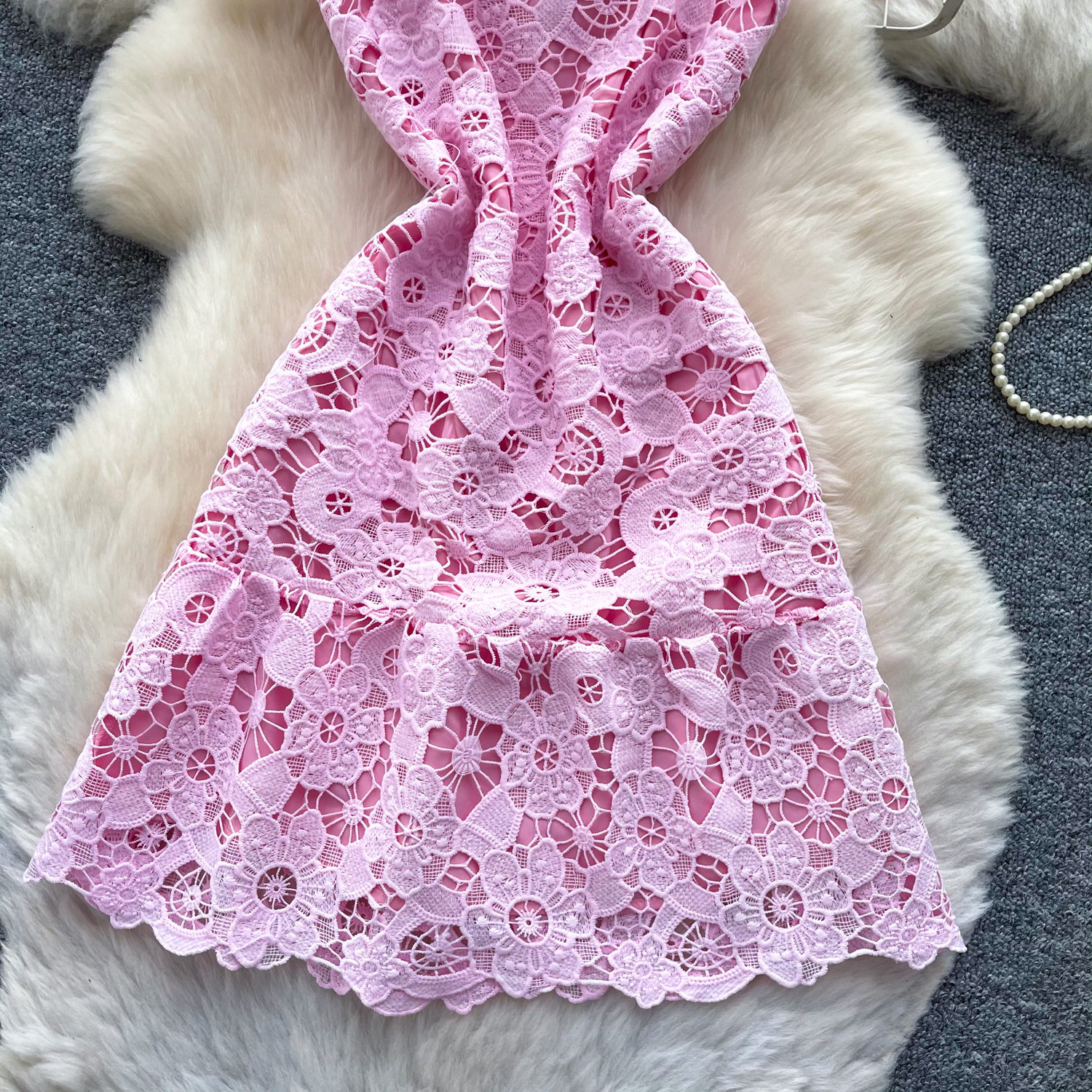 Pink Lace A Line Dress for Women Sleeveless Hollow Out Sweet French Style Elegant Evening Gown Wholesale Available