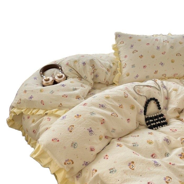 Category a Maternal and Infant Grade New Double-Layer Yarn Printed Washed Cotton Edge Four-Piece Set Three-Piece Set Student One Piece Wholesale