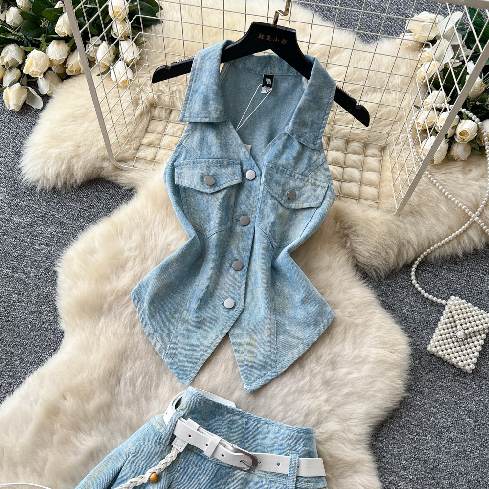 Korean Style V Neck Sleeveless Denim Vest Set Slim Fit Waist Belt Summer Fashion Perfect for Office or Casual Wear