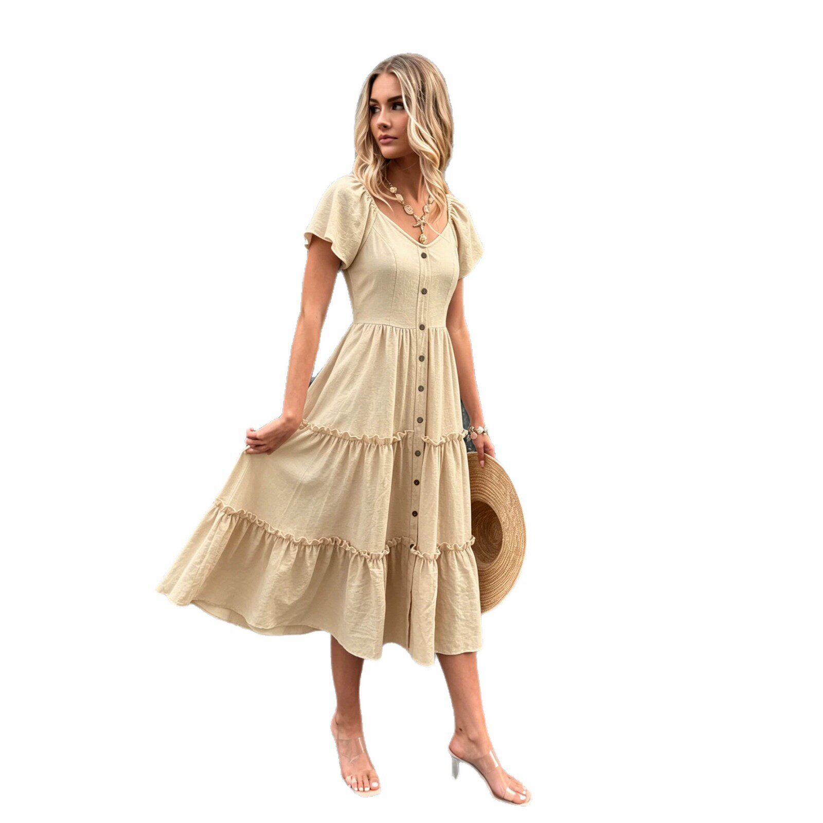 French Style V Neck Short Sleeve Cake Dress Slim Fit Waist Defining Lightweight Fabric Summer Vacation Wear