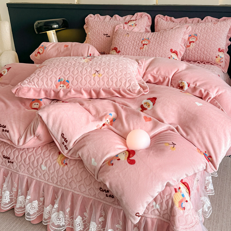 Cross-Border Foreign Trade Specializes in Winter Double-Layer Lace Milk Velvet Printed Bed Cover Four-Piece Set Bed Cover Single-Piece Three-Piece Set
