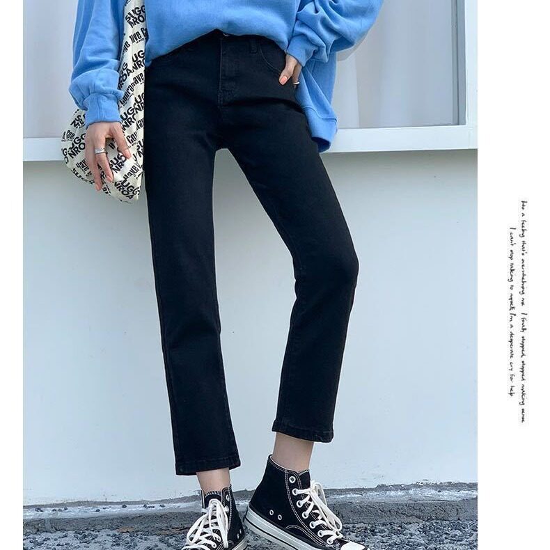 High Waisted Black Straight Leg Jeans for Women Loose Fit Slimming Cropped Length Flared Hem Spring Fall Casual