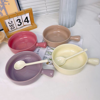 Ins Style Cream Color Tableware Baking Bowl Ceramic Handle Soup Bowl Instamples Noodle Snail Powder Home Breakfast Salad Baked Rice Bowl