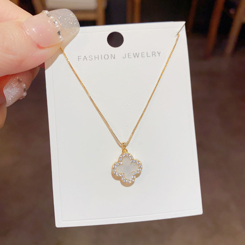 Korean Style Elegant Fashionable Simple Micro-inlaid Zircon Double-sided Four-leaf Flower Necklace Internet Celebrity Distinctive Exquisite Luxury Clavicle Chain