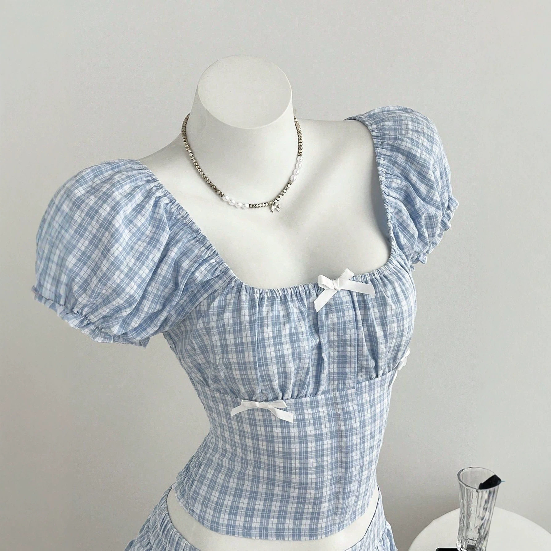 Summer Womens Plaid Puff Sleeve Shirt and A Line Skirt Set Casual Style Lightweight Fabric Perfect for Warm Weather