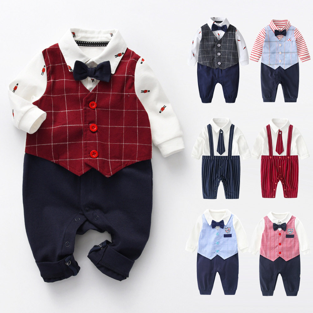 Baby Clothes Spring and Autumn Baby Boy Handsome Gentleman Ha Clothes Newborn One Hundred Days Old Dress Baby One-piece Clothes