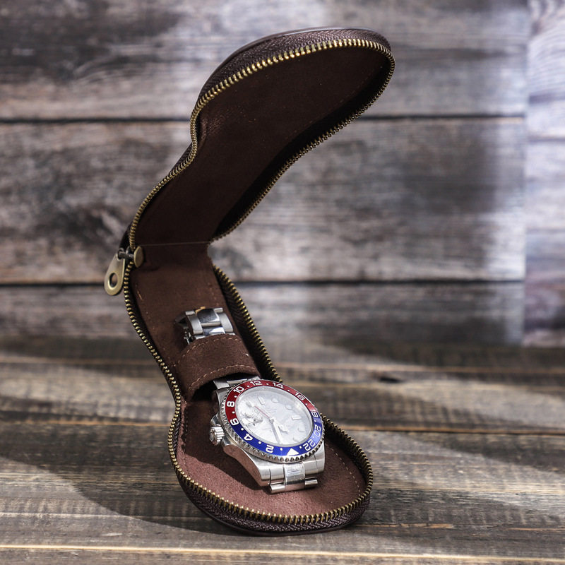 CONTACTS FAMILY Vintage Crazy Horse Cowhide Single Watch Bag Dustproof Mechanical Watch Storage Box