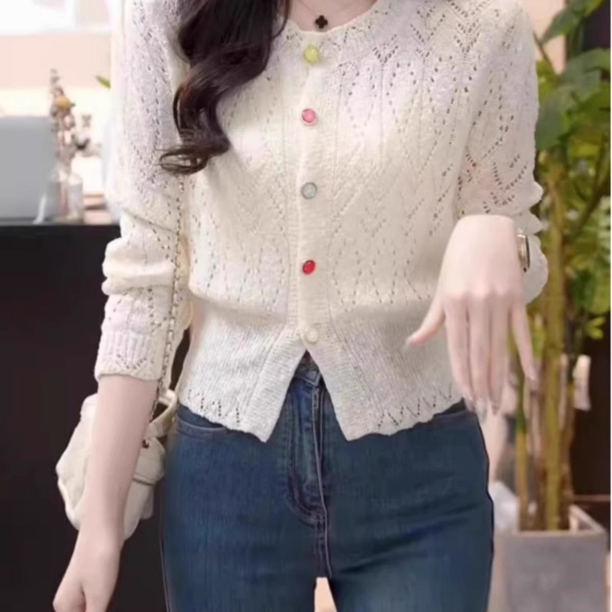 Lace Hollow Round Neck Knit Sweater for Women Soft Fabric Long Sleeve Versatile Style Spring Summer Casual Wear