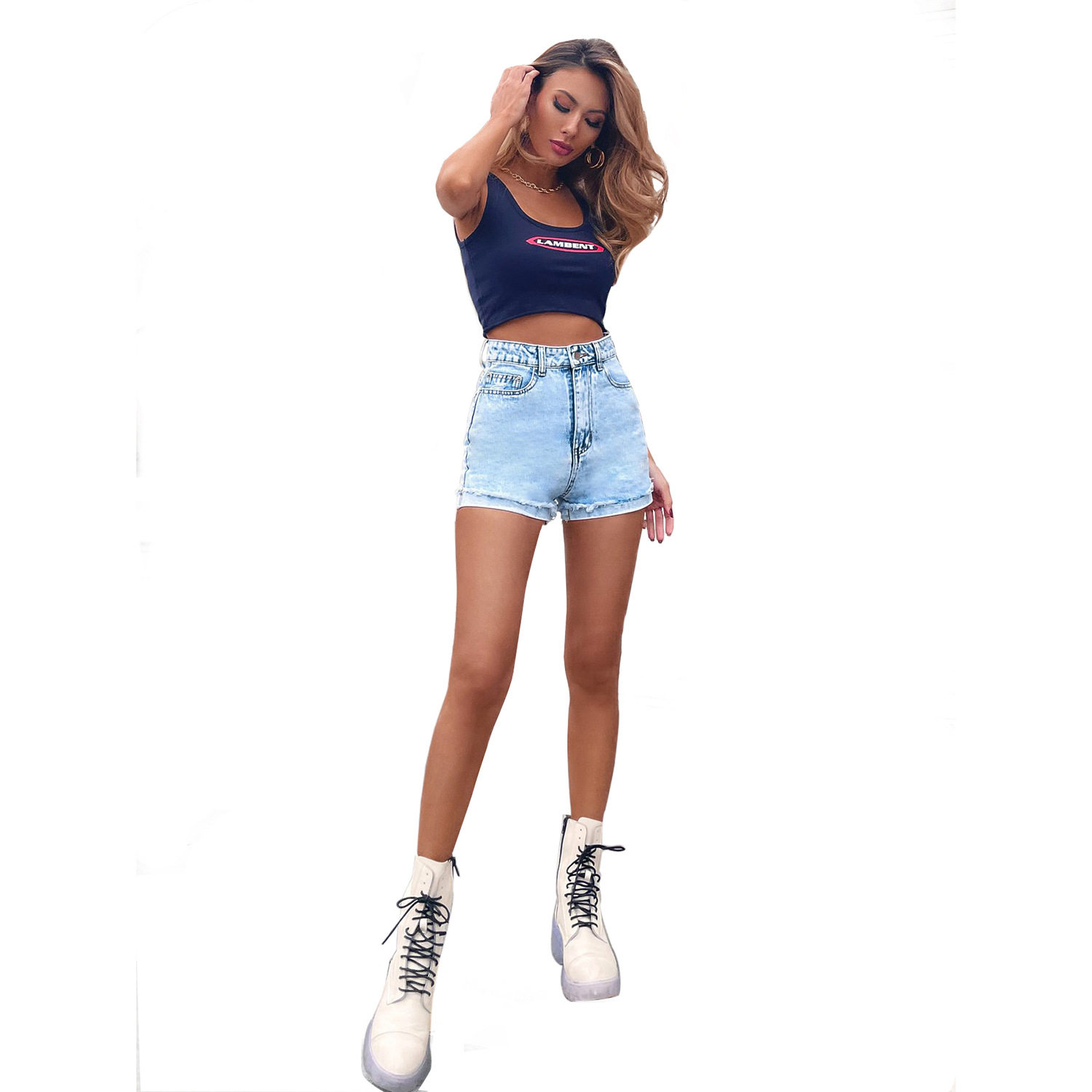 High Waisted Denim Shorts Rolled Hem Stylish Casual Comfortable Perfect for Work or Leisure Ready to Ship