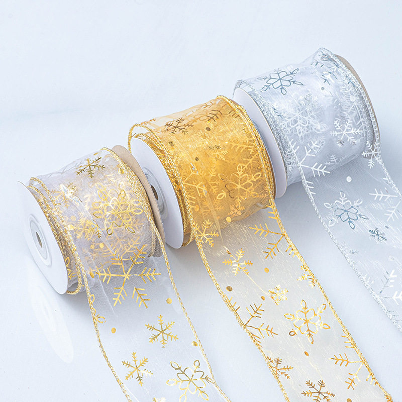 Gilding snow yarn with curved edge iron wire snowflake organza Christmas Decoration ribbon powder silver ribbon bow material
